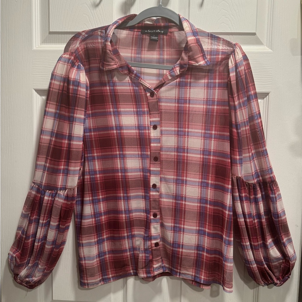A Love Story Women’s Red Plaid See Through Long Sleeve Blouse Top Size L